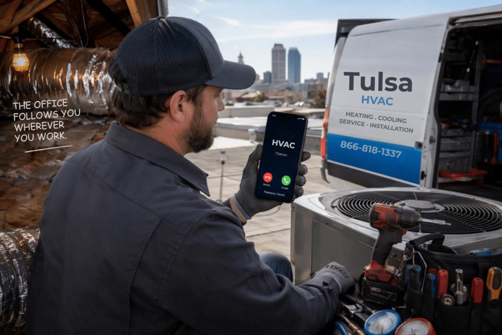 HVAC technician answering business call on TitanUC mobile app while on a service job in Tulsa