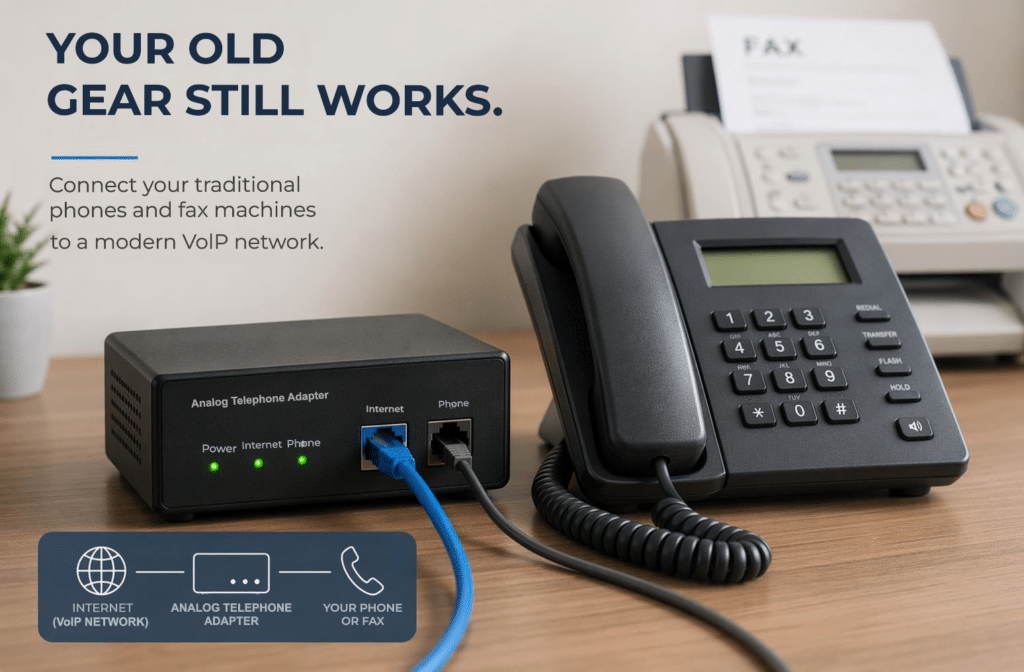 Analog Telephone Adapter connecting a traditional desk phone to a VoIP network