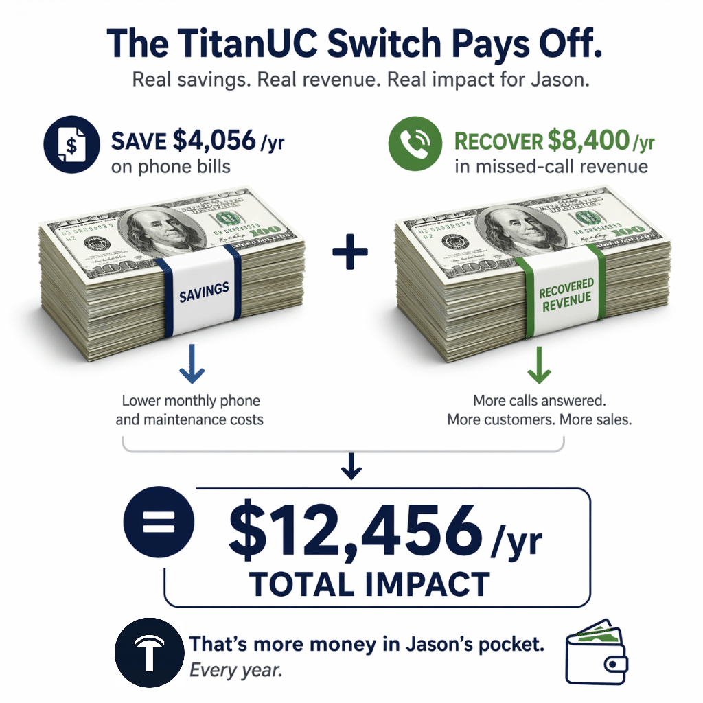 TitanUC switch saves Jason $4,056 per year on phone bills plus $8,400 in recovered missed-call revenue