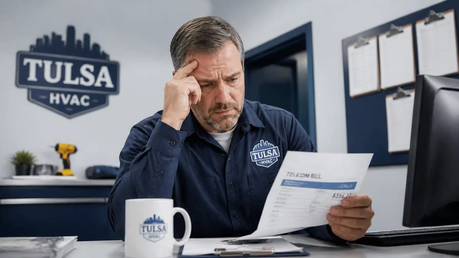 Tulsa-based HVAC business owner sitting at desk, looking stressed at a Cox Communications phone bill marked $482. Wearing blue uniform shirt with HVAC company logo. Office setting with papers, a desk phone, and a window showing a service van outside. Match the look of the original Marblism preview hero. Save to Media Library and set as Featured Image. Alt text: "HVAC business owner reviewing $482 Cox landline phone bill at his Tulsa office"
